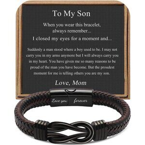 Mens Brown Leather Knot Bracelet Stainless Steel Infinity Love You Forever
